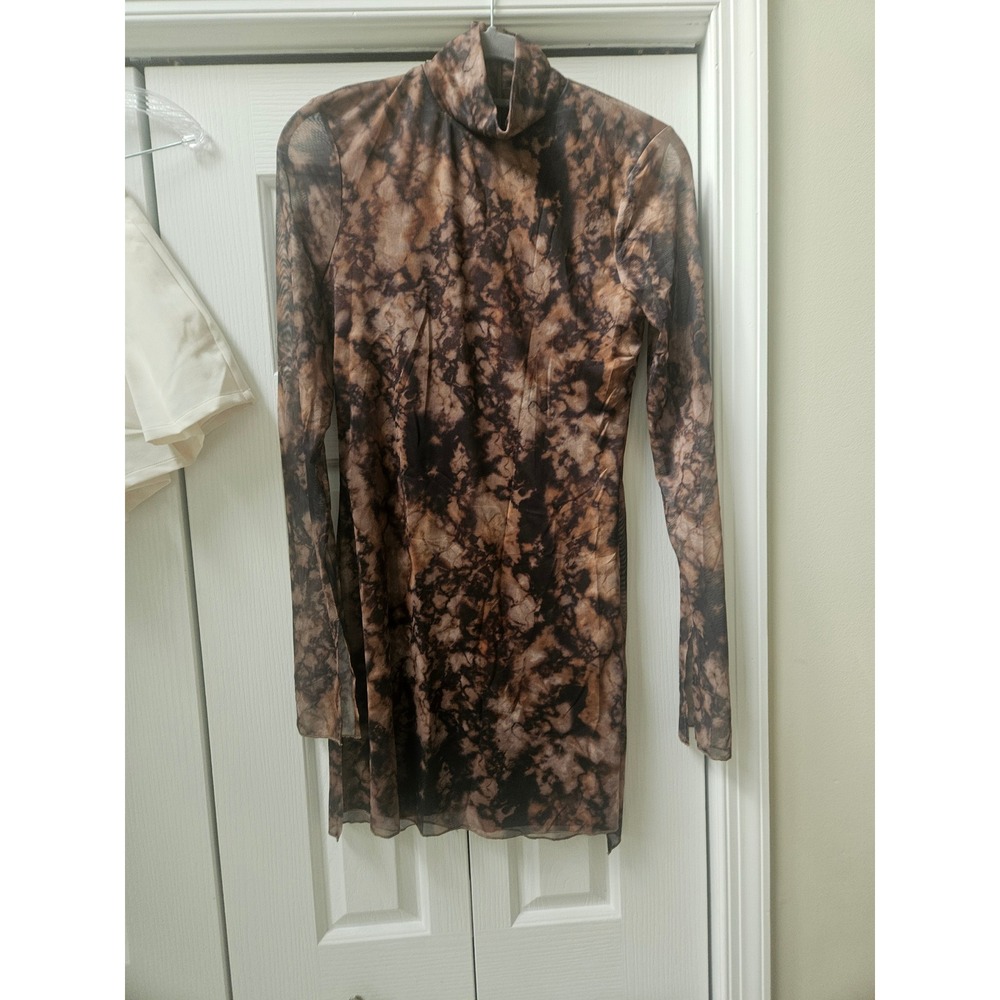 Runaway the Label Brown Tie Dye Mesh Mini Dress Long Sleeve Turtleneck US 6 M